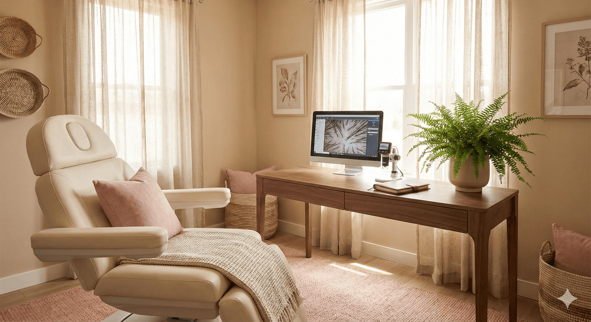 Trichologist reviewing scalp diagnostics with a client in a calm studio.